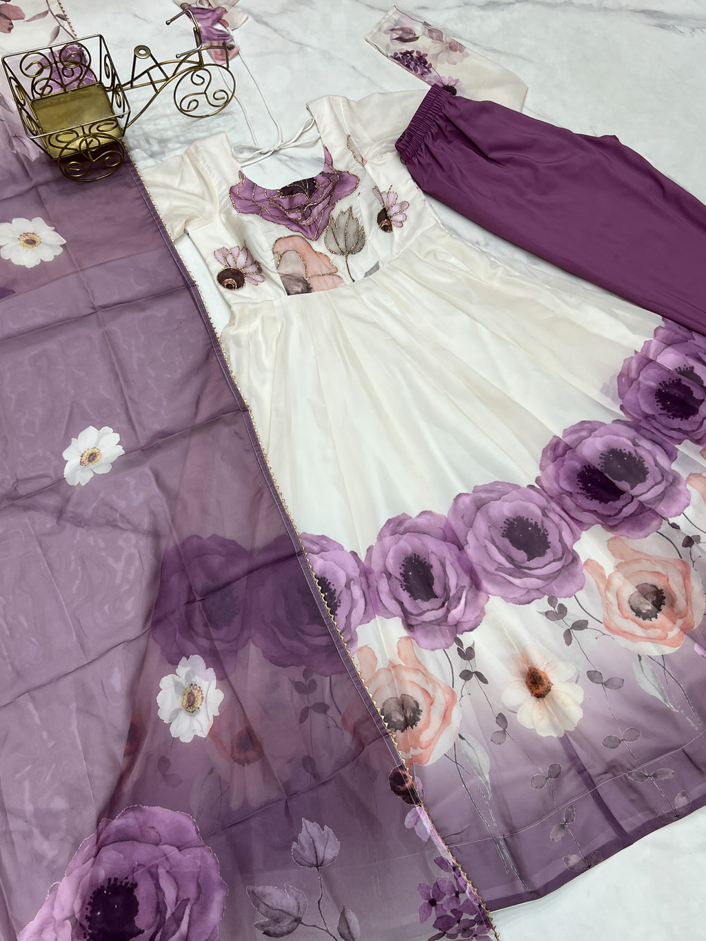 Violet & Onion Pink Floral Organza Silk Anarkali Gown with Gota Patti Dupatta & Pant Set
