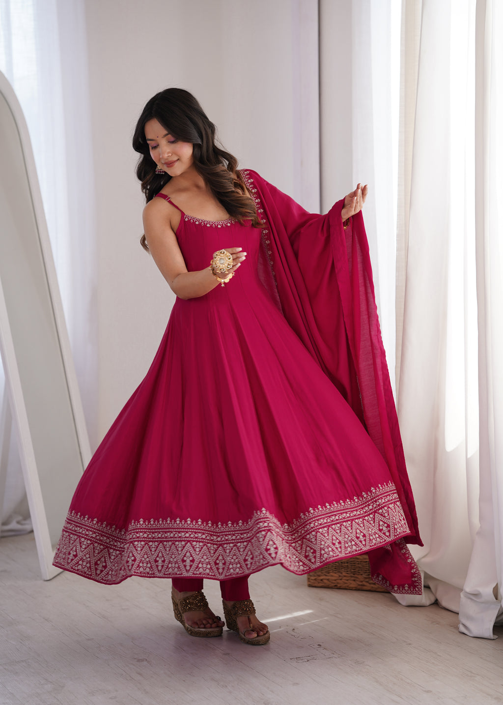 Sleeveless RomanSilk Chanderi Flared Anarkali Gown with Thread Work Lace, Shawl Dupatta & Pant Set