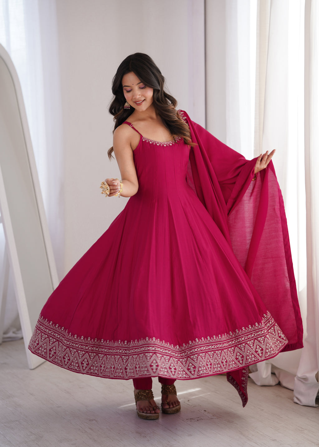 Sleeveless RomanSilk Chanderi Flared Anarkali Gown with Thread Work Lace, Shawl Dupatta & Pant Set