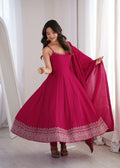 Sleeveless RomanSilk Chanderi Flared Anarkali Gown with Thread Work Lace, Shawl Dupatta & Pant Set