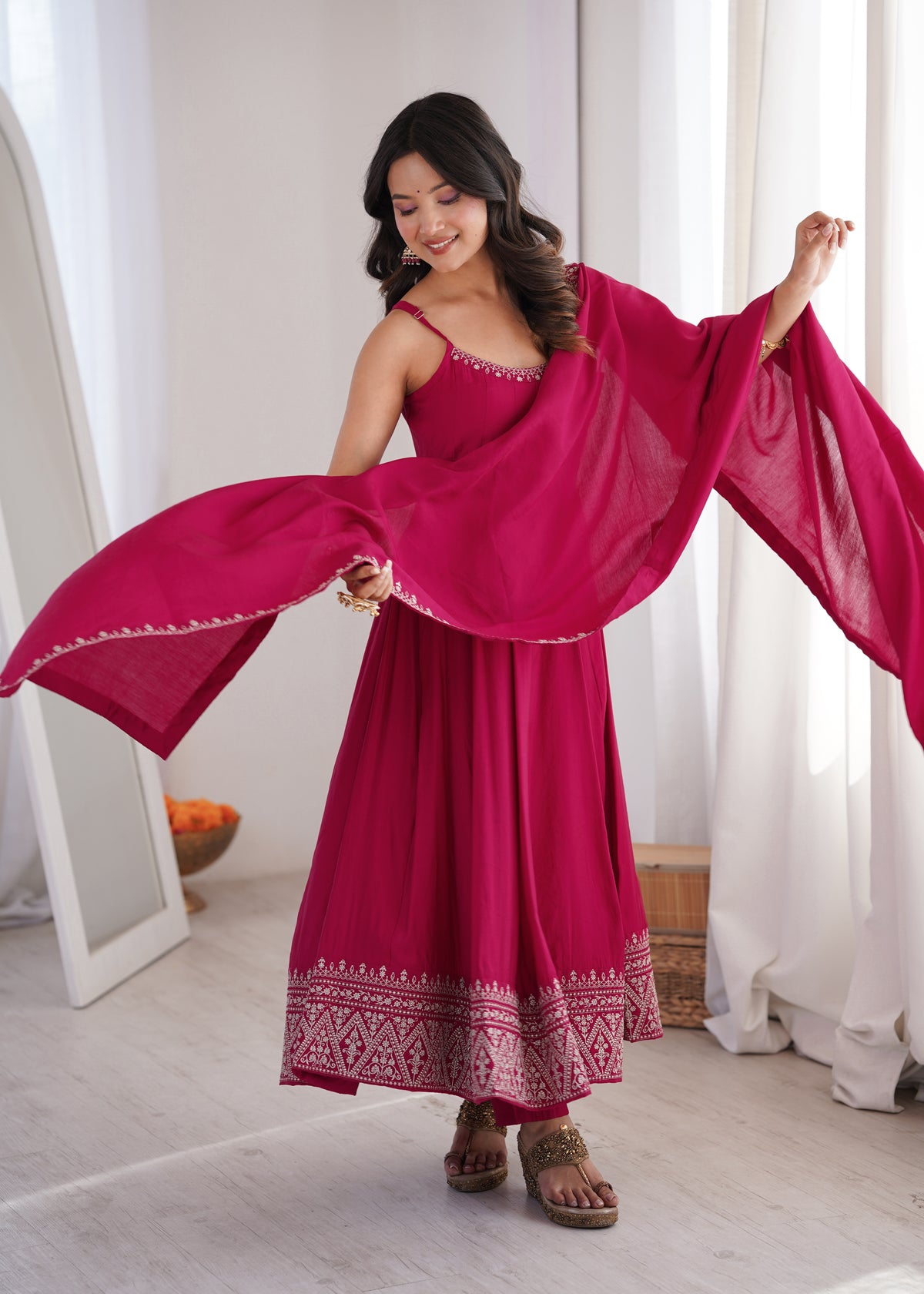 Sleeveless RomanSilk Chanderi Flared Anarkali Gown with Thread Work Lace, Shawl Dupatta & Pant Set