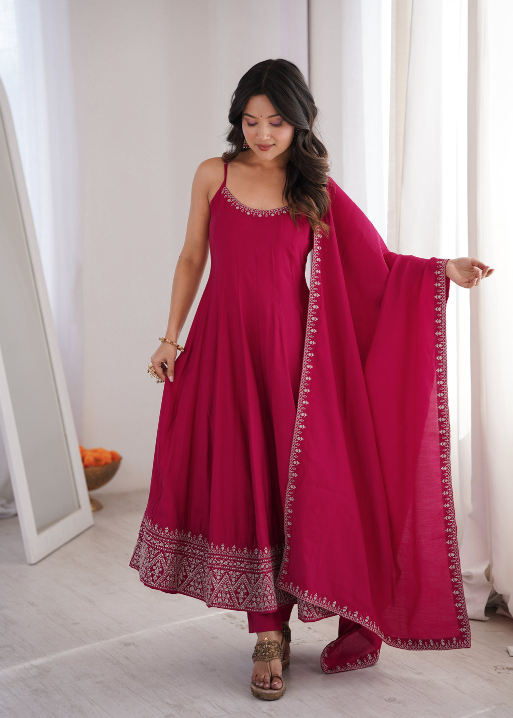 Sleeveless RomanSilk Chanderi Flared Anarkali Gown with Thread Work Lace, Shawl Dupatta & Pant Set