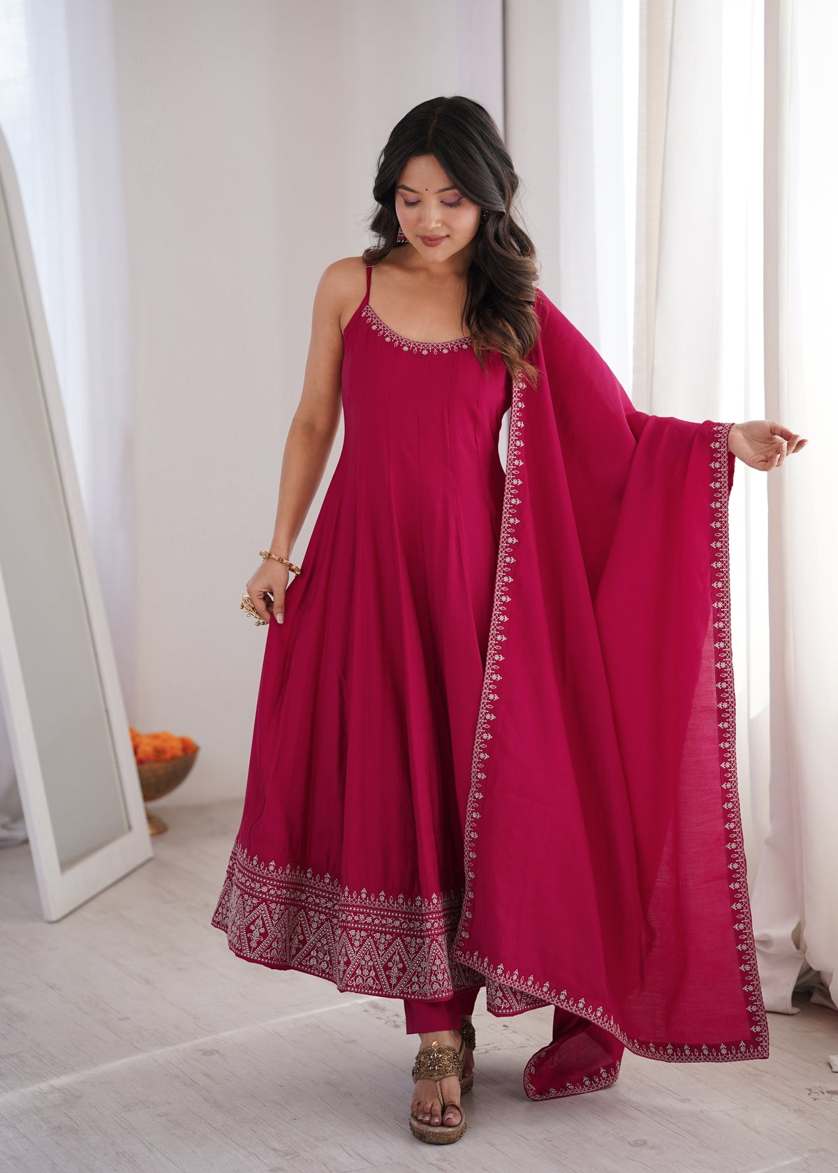 Sleeveless RomanSilk Chanderi Flared Anarkali Gown with Thread Work Lace, Shawl Dupatta & Pant Set