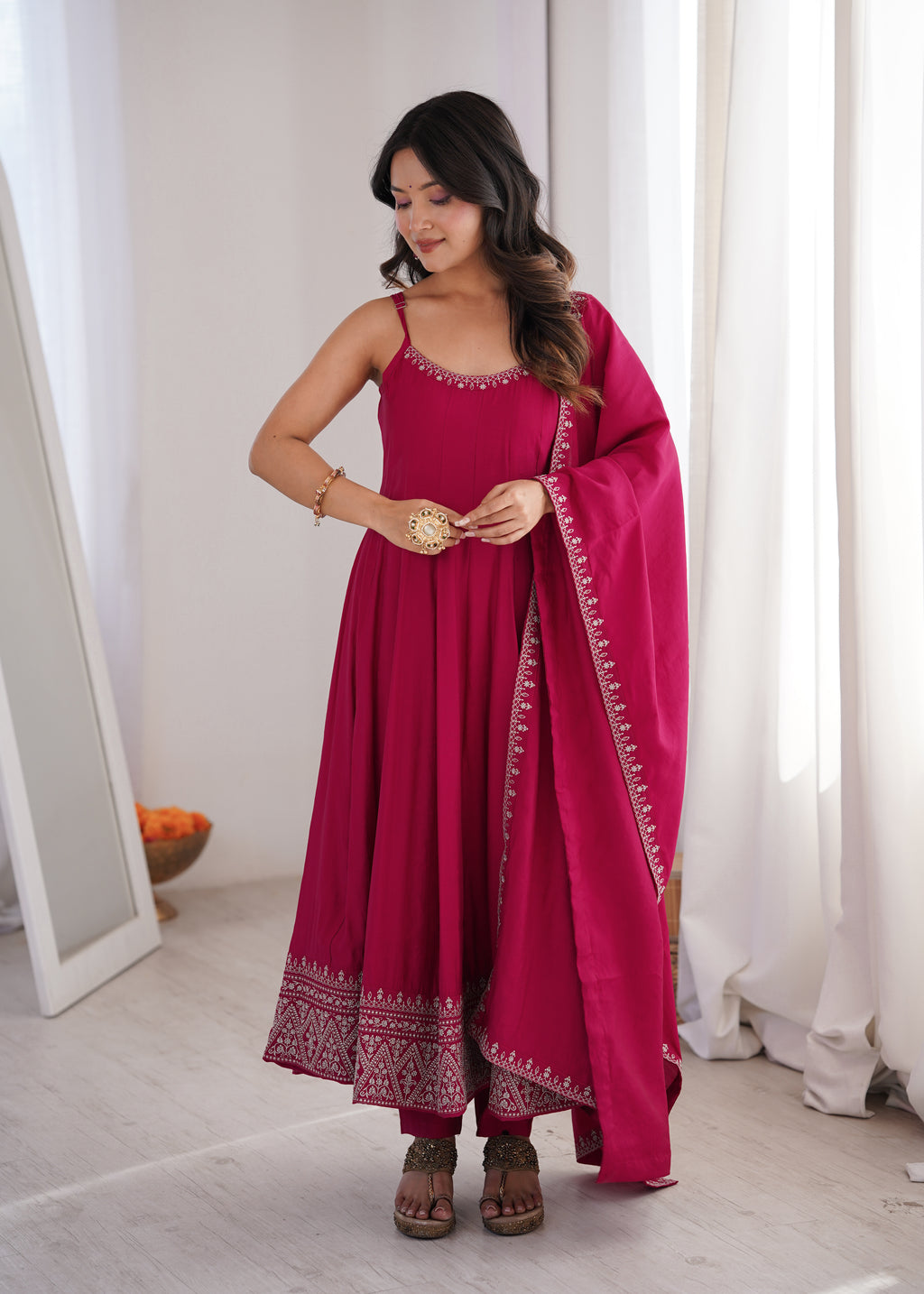 Sleeveless RomanSilk Chanderi Flared Anarkali Gown with Thread Work Lace, Shawl Dupatta & Pant Set