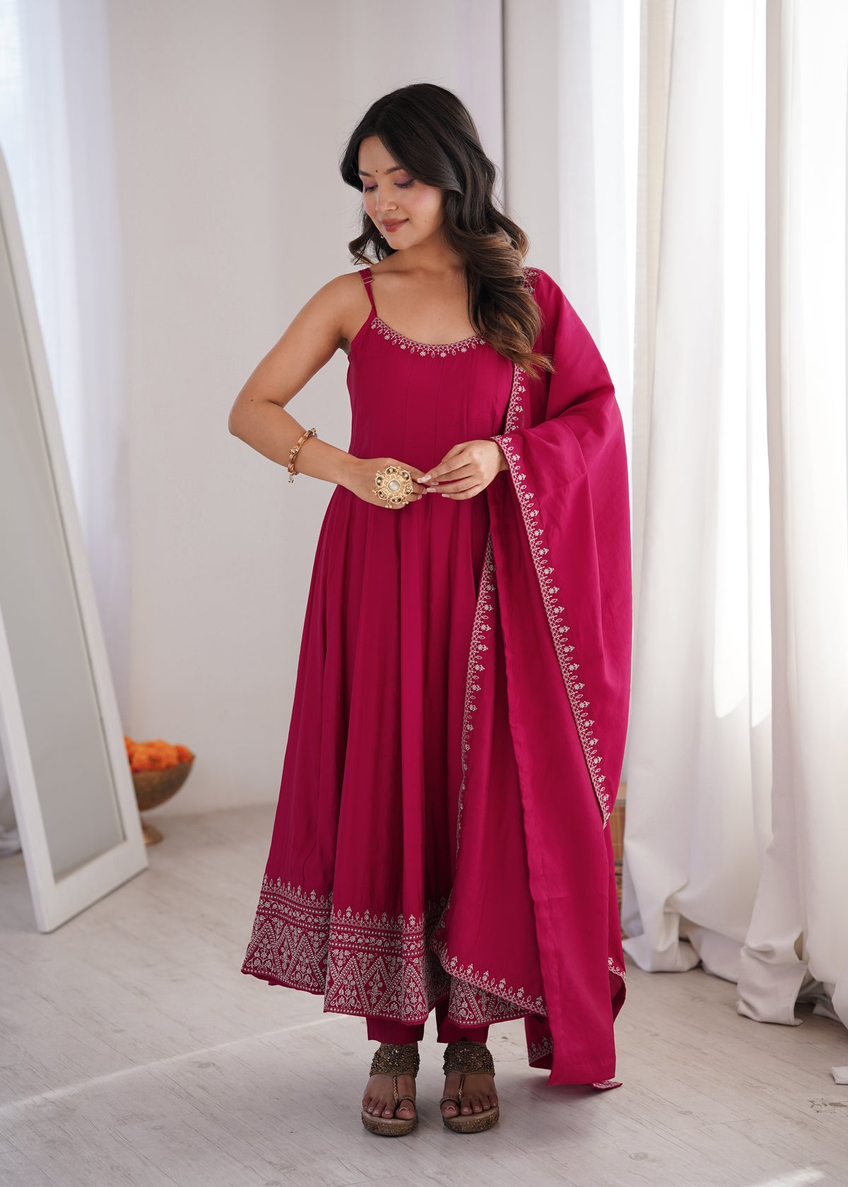Sleeveless RomanSilk Chanderi Flared Anarkali Gown with Thread Work Lace, Shawl Dupatta & Pant Set