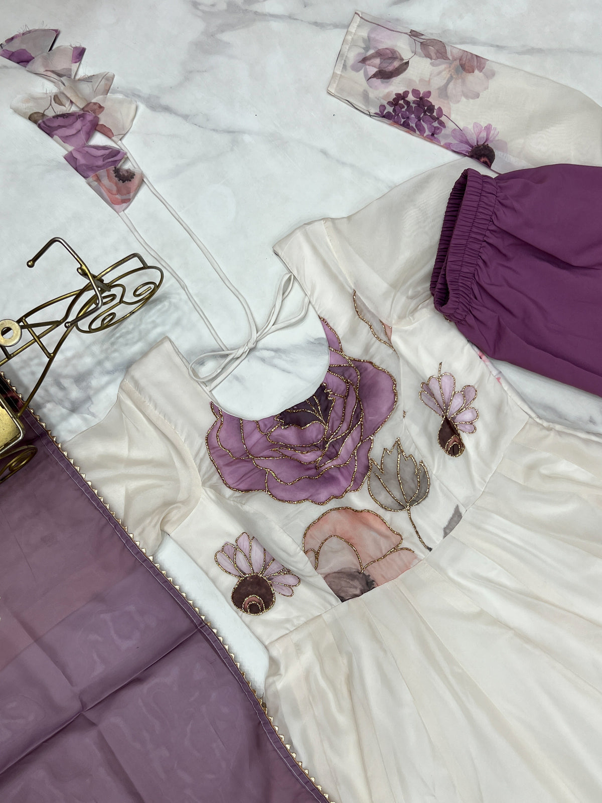 Violet & Onion Pink Floral Organza Silk Anarkali Gown with Gota Patti Dupatta & Pant Set