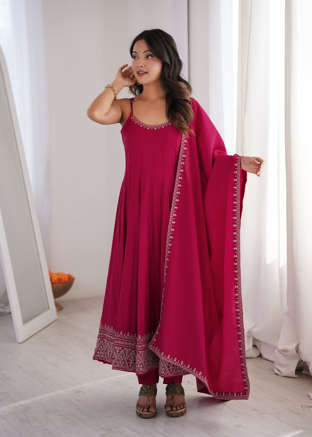 Sleeveless RomanSilk Chanderi Flared Anarkali Gown with Thread Work Lace, Shawl Dupatta & Pant Set
