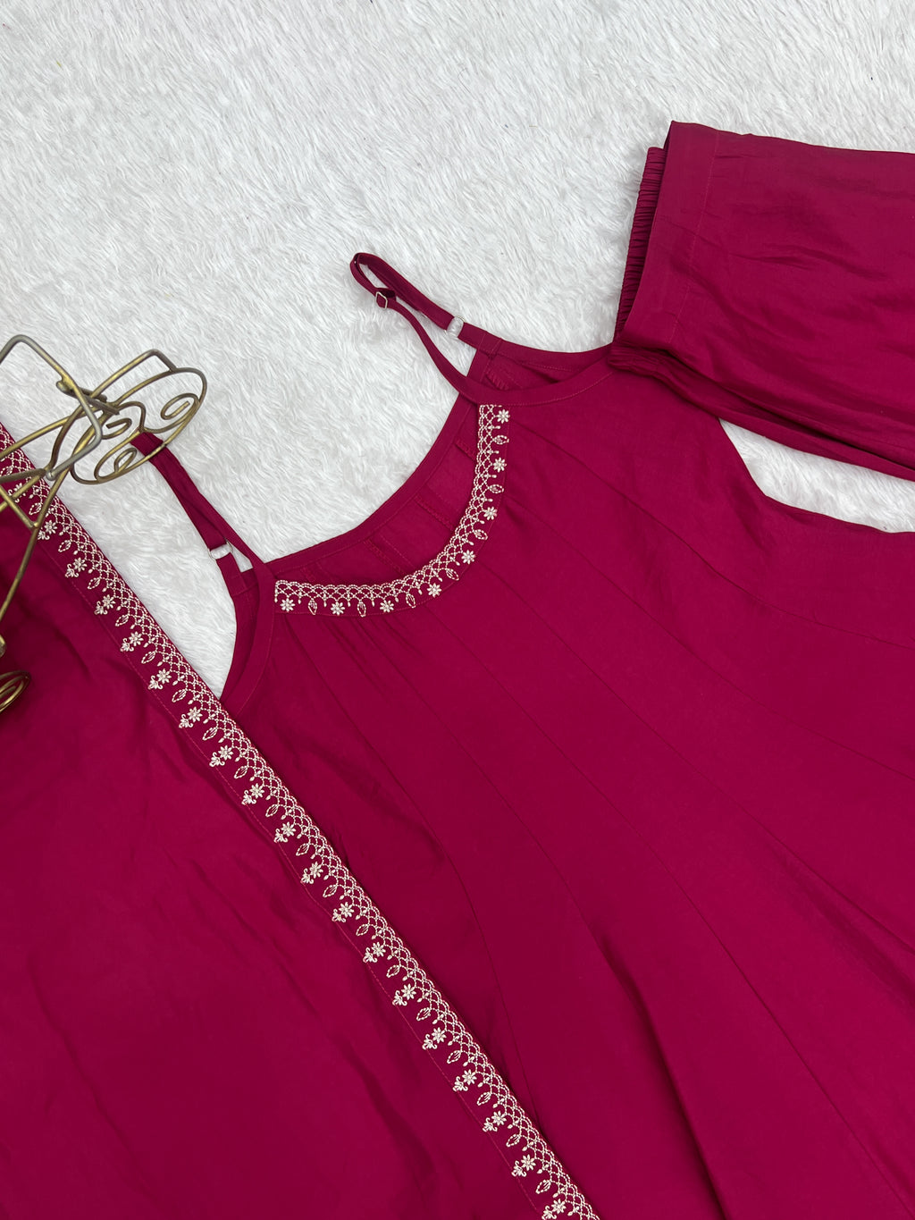 Sleeveless RomanSilk Chanderi Flared Anarkali Gown with Thread Work Lace, Shawl Dupatta & Pant Set