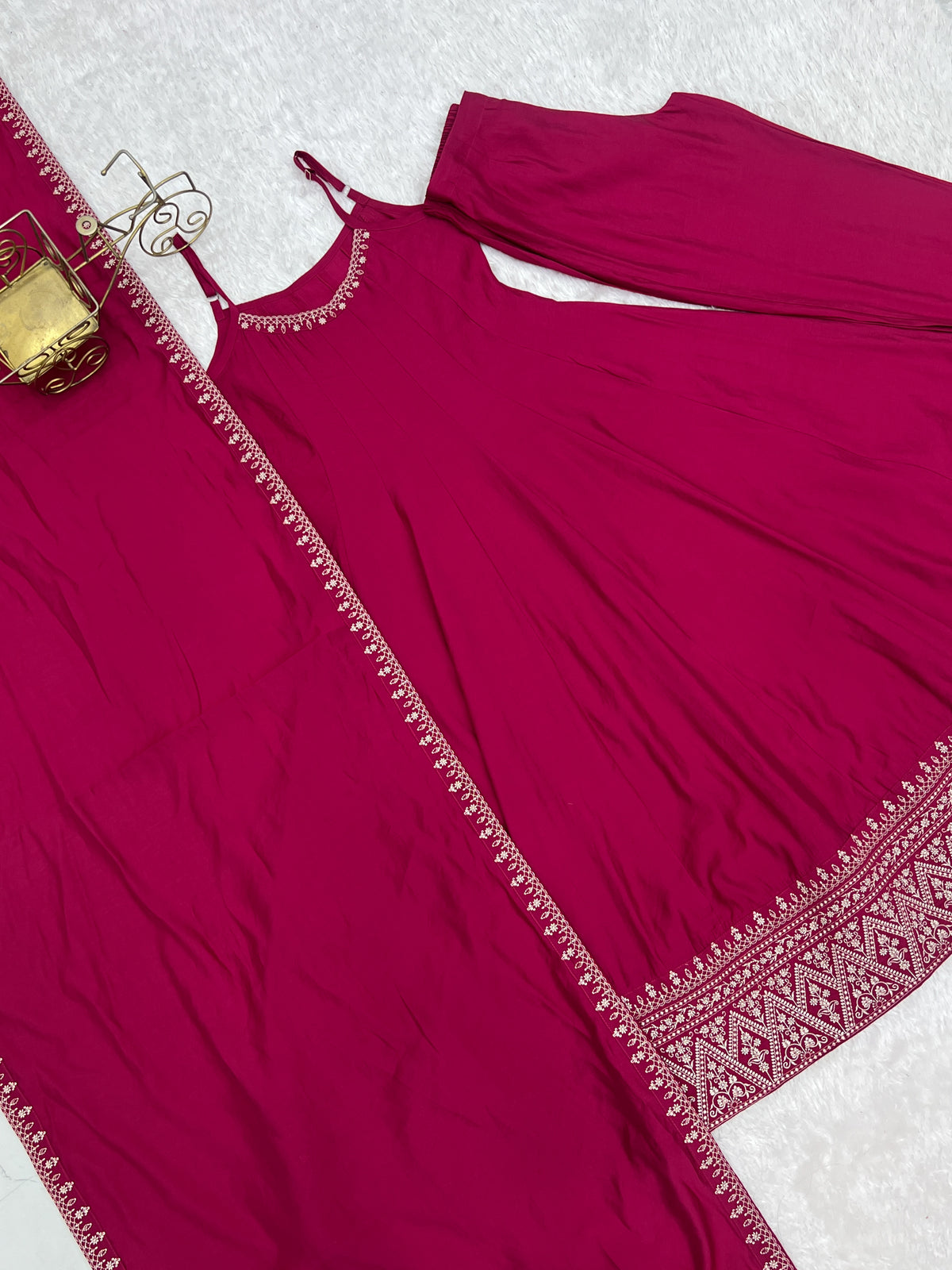 Sleeveless RomanSilk Chanderi Flared Anarkali Gown with Thread Work Lace, Shawl Dupatta & Pant Set