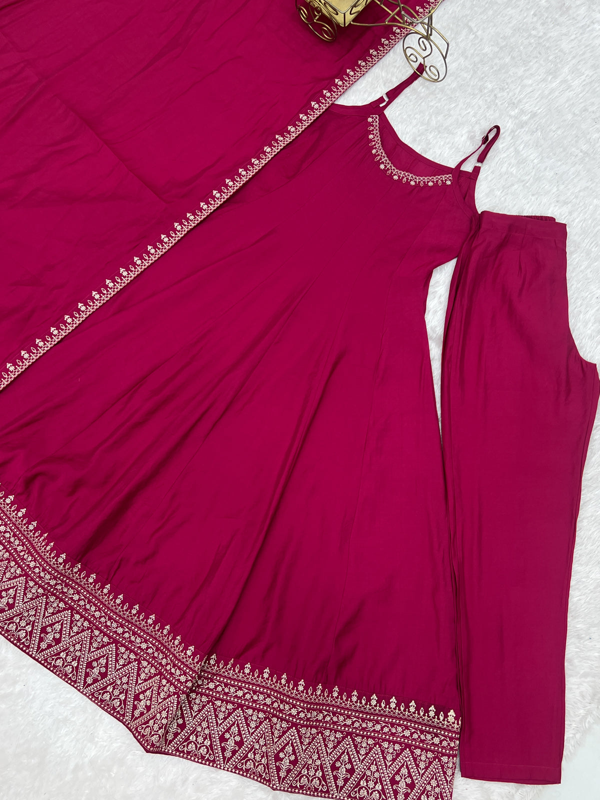 Sleeveless RomanSilk Chanderi Flared Anarkali Gown with Thread Work Lace, Shawl Dupatta & Pant Set