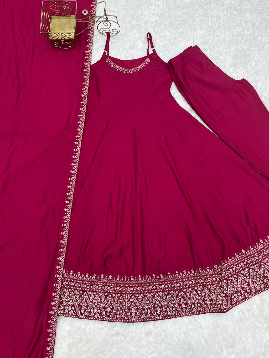Sleeveless RomanSilk Chanderi Flared Anarkali Gown with Thread Work Lace, Shawl Dupatta & Pant Set
