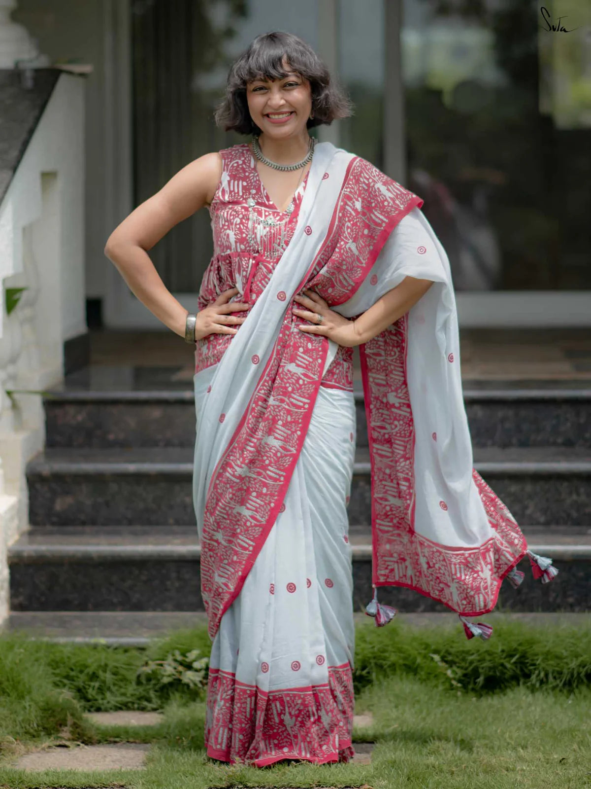 Linen Cotton Digital Printed Saree with Matching Blouse – Elegant Ethnic Wear