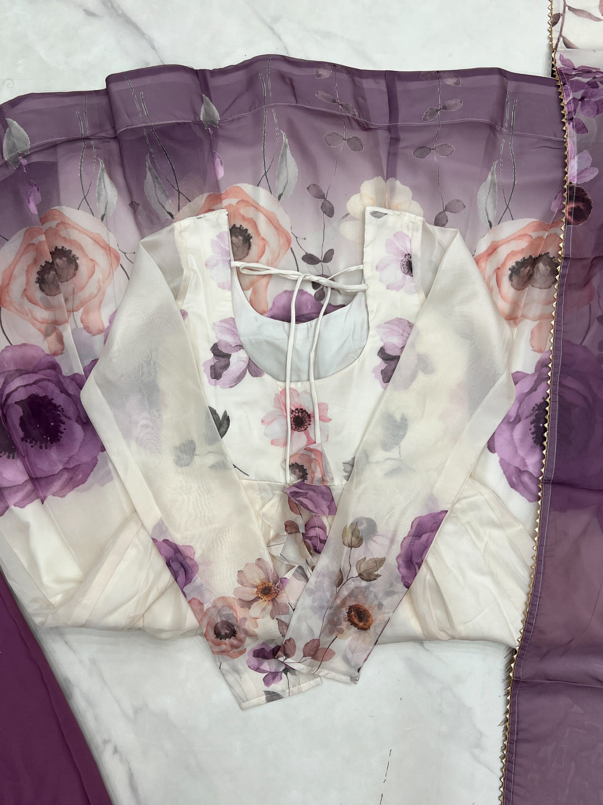 Violet & Onion Pink Floral Organza Silk Anarkali Gown with Gota Patti Dupatta & Pant Set