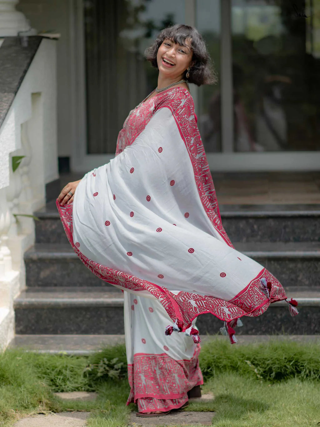Linen Cotton Digital Printed Saree with Matching Blouse – Elegant Ethnic Wear