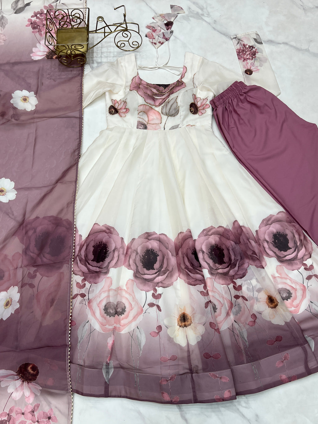 Violet & Onion Pink Floral Organza Silk Anarkali Gown with Gota Patti Dupatta & Pant Set