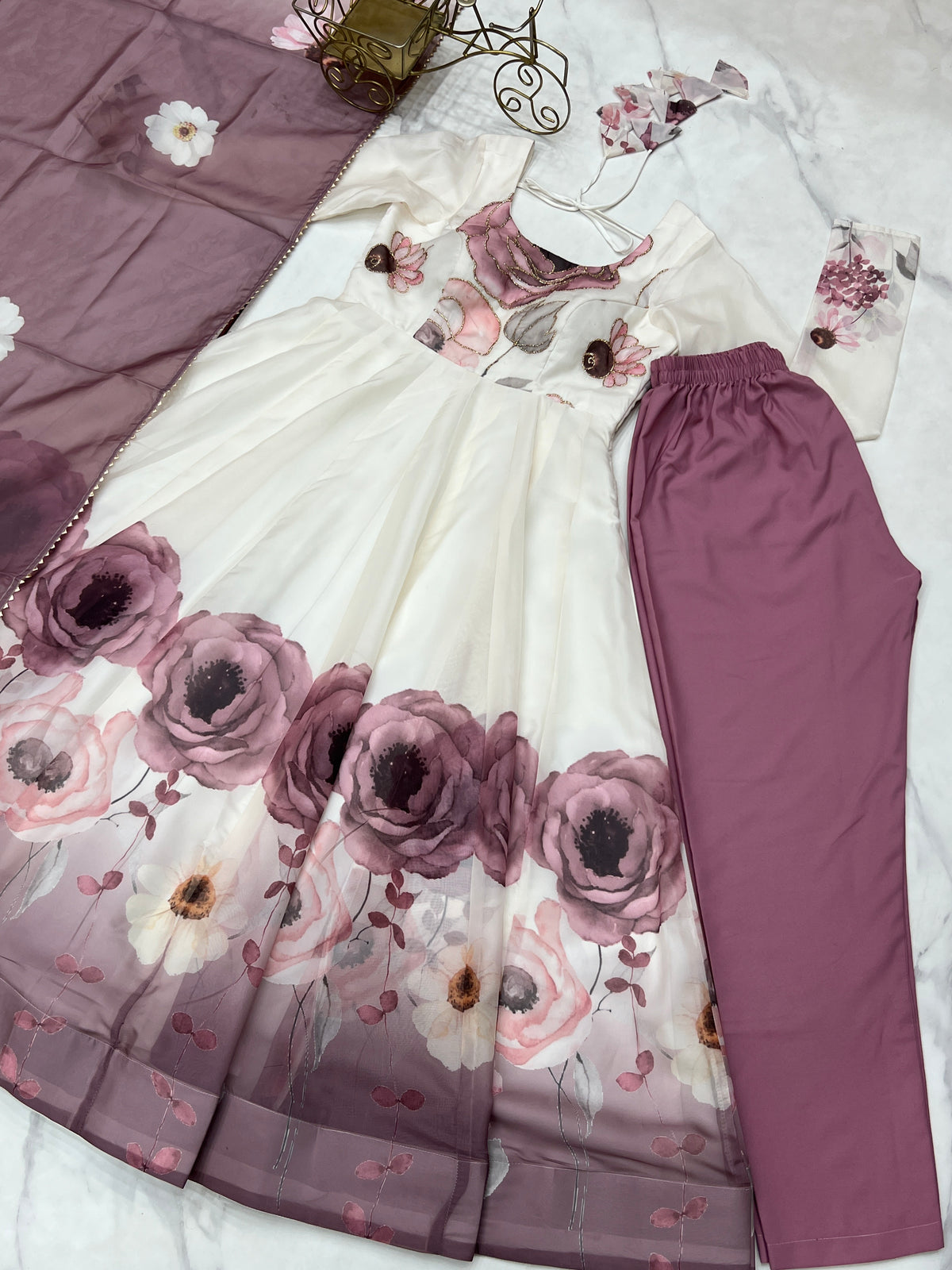 Violet & Onion Pink Floral Organza Silk Anarkali Gown with Gota Patti Dupatta & Pant Set