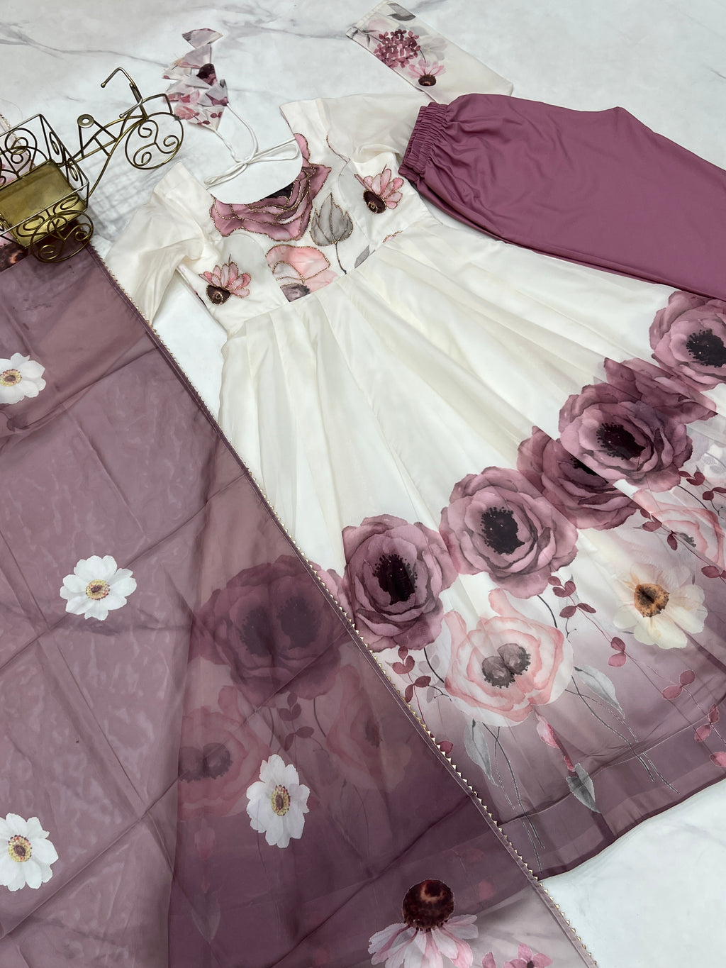 Violet & Onion Pink Floral Organza Silk Anarkali Gown with Gota Patti Dupatta & Pant Set