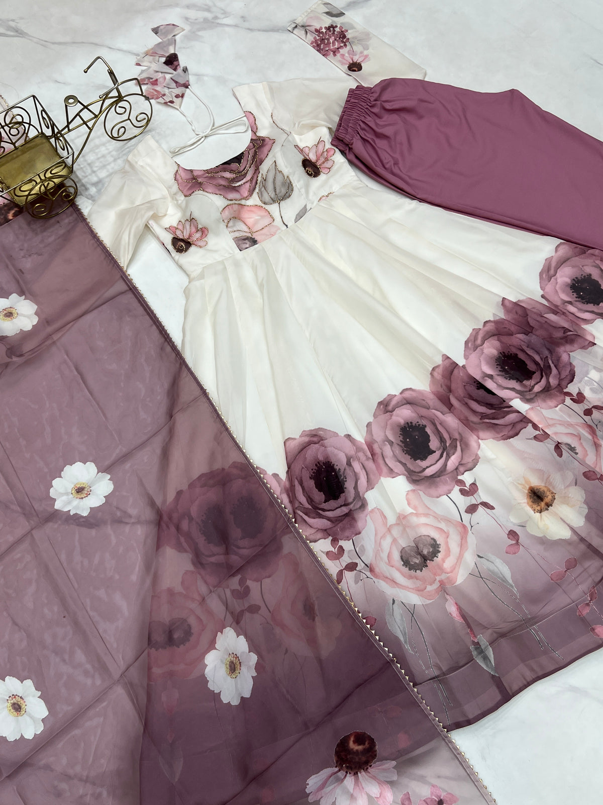 Violet & Onion Pink Floral Organza Silk Anarkali Gown with Gota Patti Dupatta & Pant Set