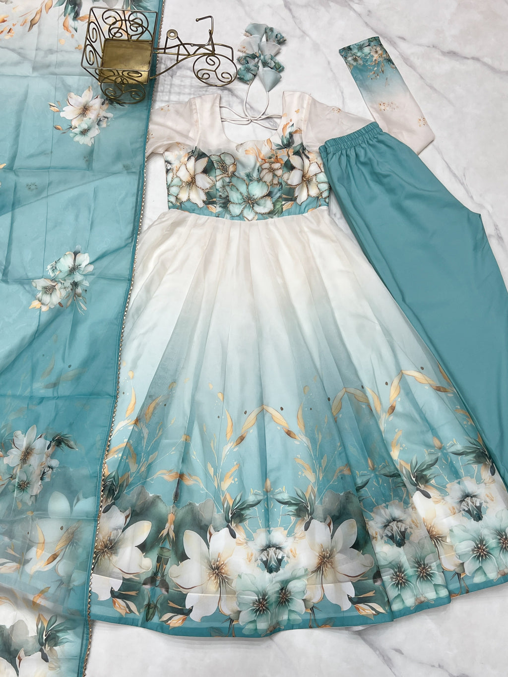 Aqua Blue Floral Printed Organza Silk Flared Anarkali Gown Set with Dupatta & Pant