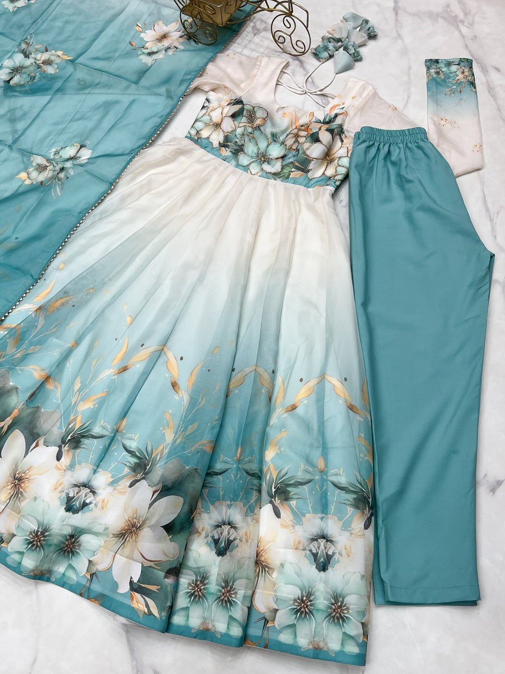 Aqua Blue Floral Printed Organza Silk Flared Anarkali Gown Set with Dupatta & Pant