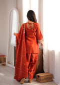 Glass Roman Silk Front-Yoke Embroidered Farshi Shalwar Suit with Shawl Dupatta