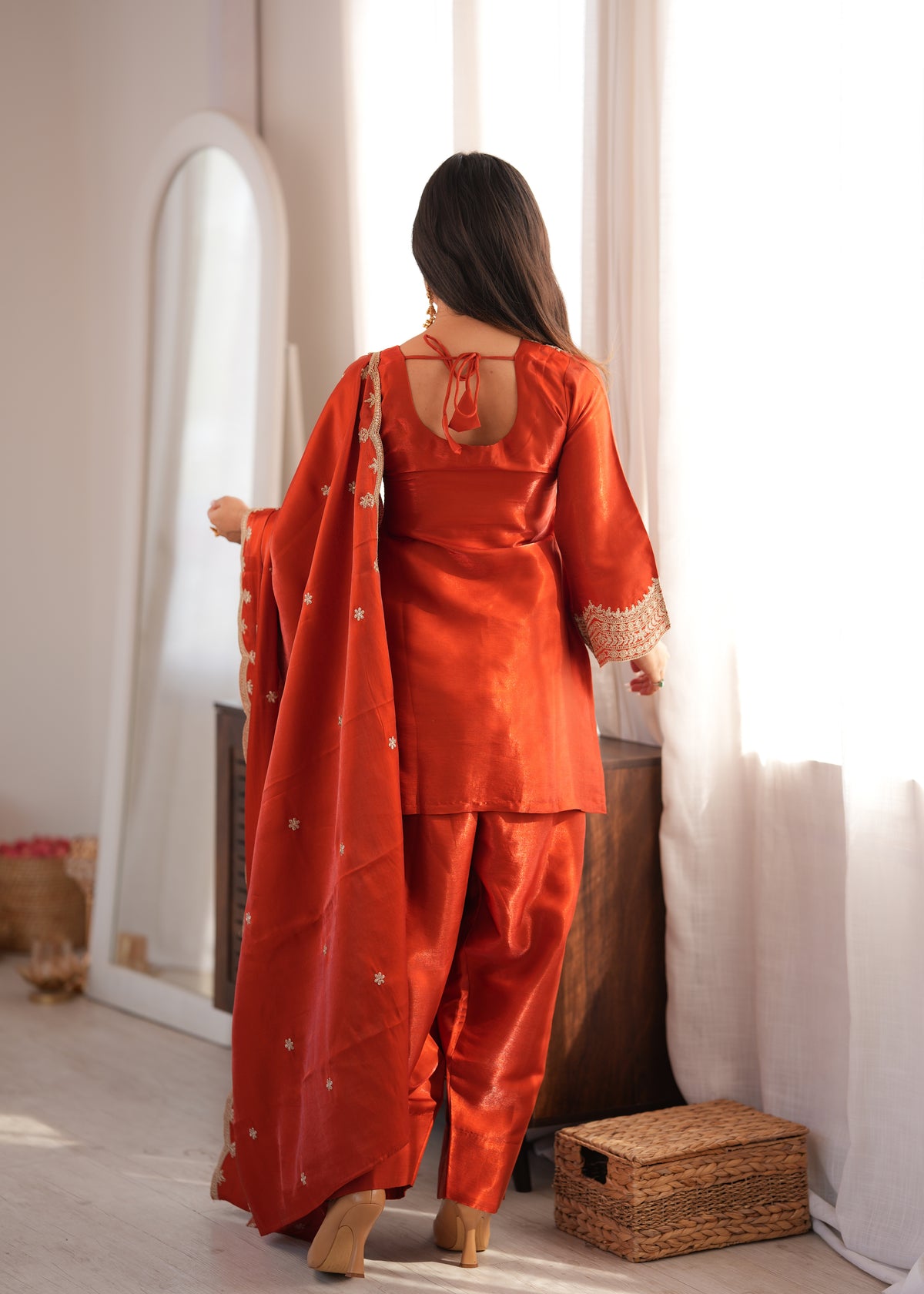 Glass Roman Silk Front-Yoke Embroidered Farshi Shalwar Suit with Shawl Dupatta