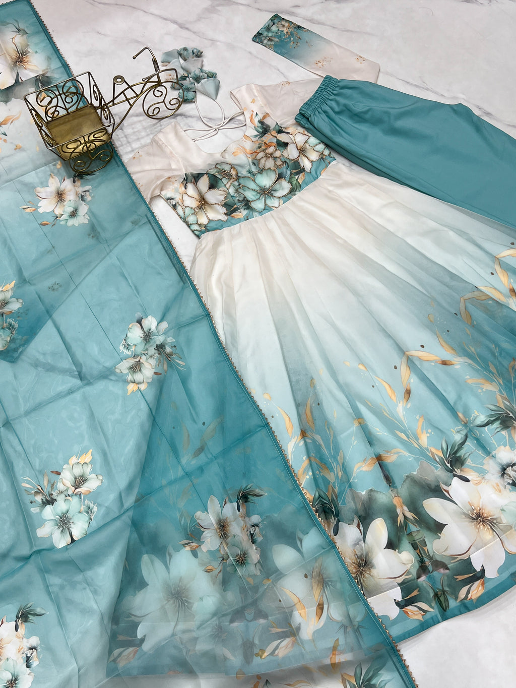 Aqua Blue Floral Printed Organza Silk Flared Anarkali Gown Set with Dupatta & Pant