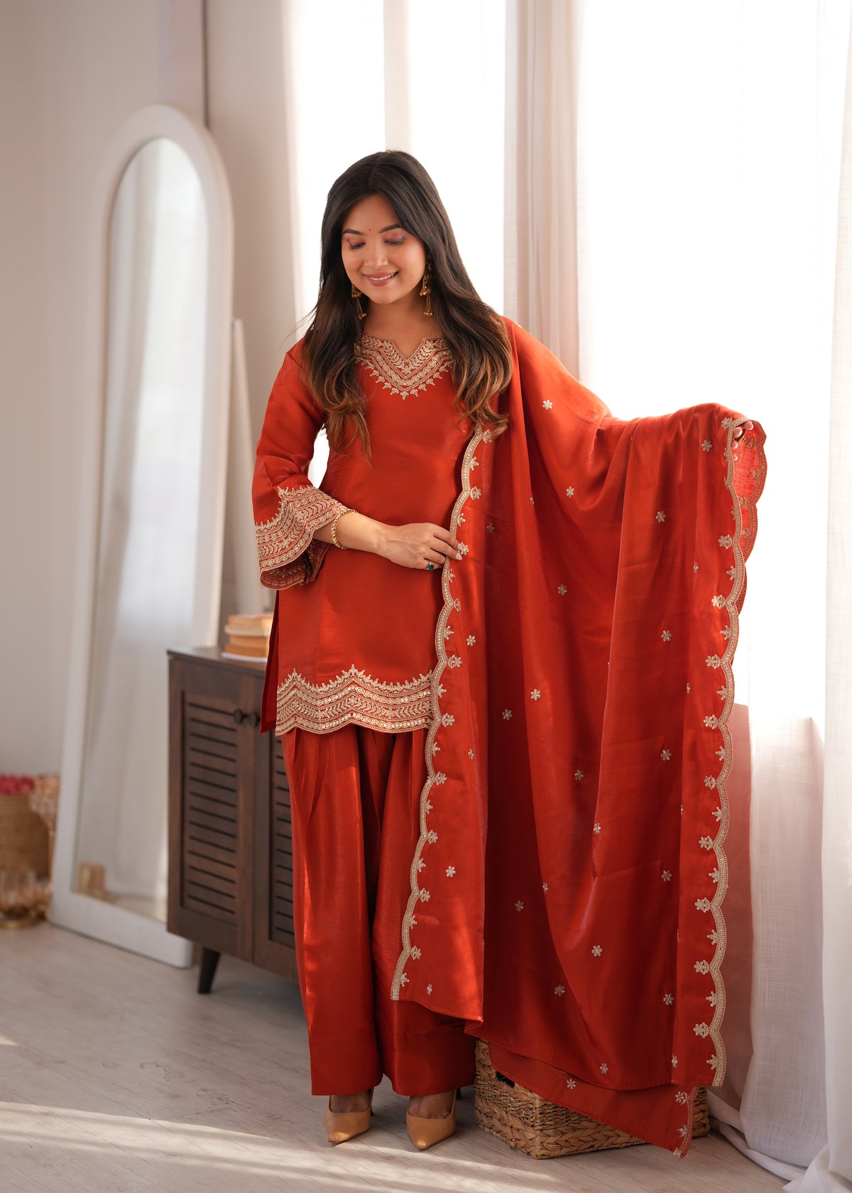 Glass Roman Silk Front-Yoke Embroidered Farshi Shalwar Suit with Shawl Dupatta