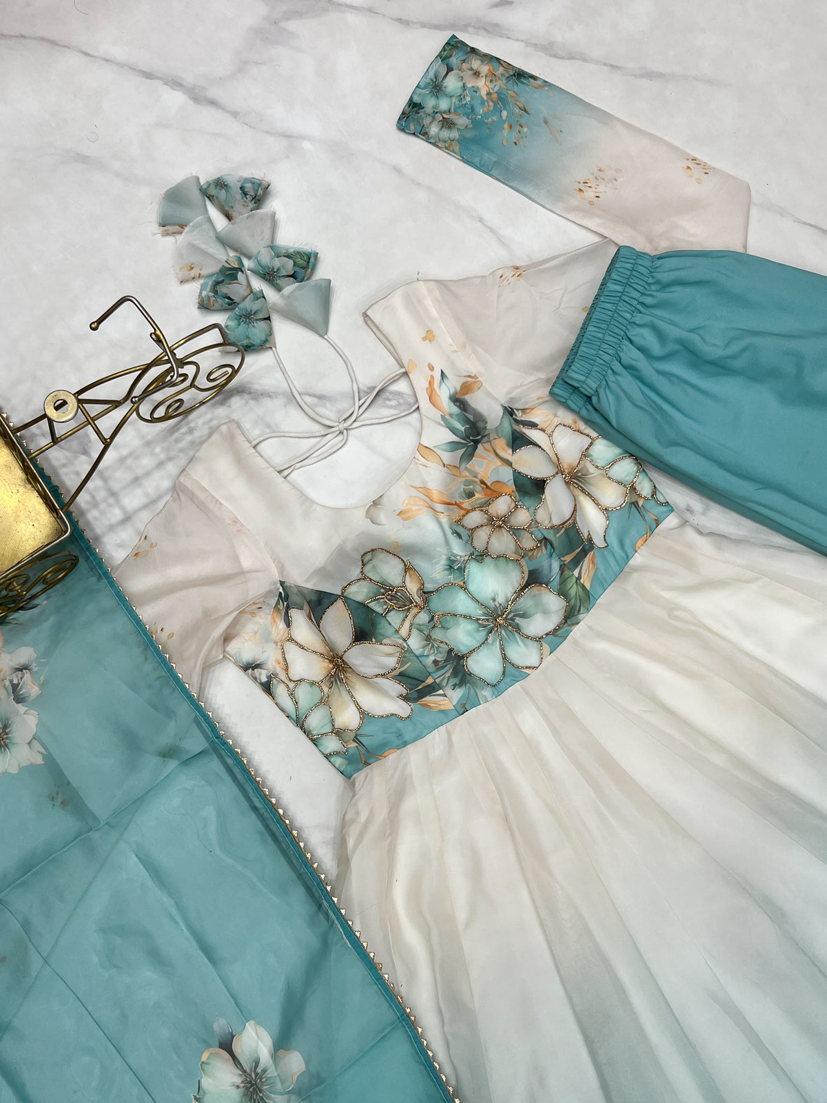 Aqua Blue Floral Printed Organza Silk Flared Anarkali Gown Set with Dupatta & Pant