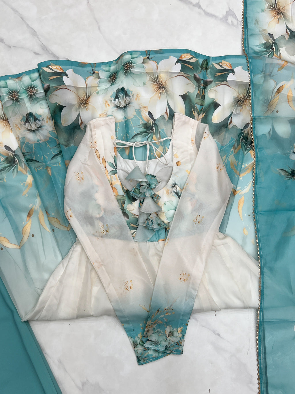 Aqua Blue Floral Printed Organza Silk Flared Anarkali Gown Set with Dupatta & Pant