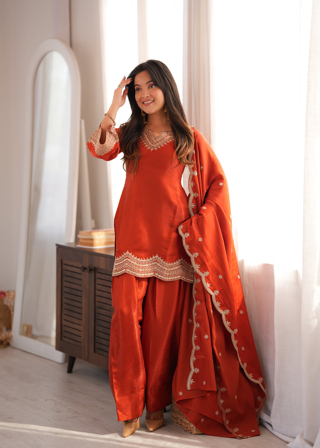 Glass Roman Silk Front-Yoke Embroidered Farshi Shalwar Suit with Shawl Dupatta