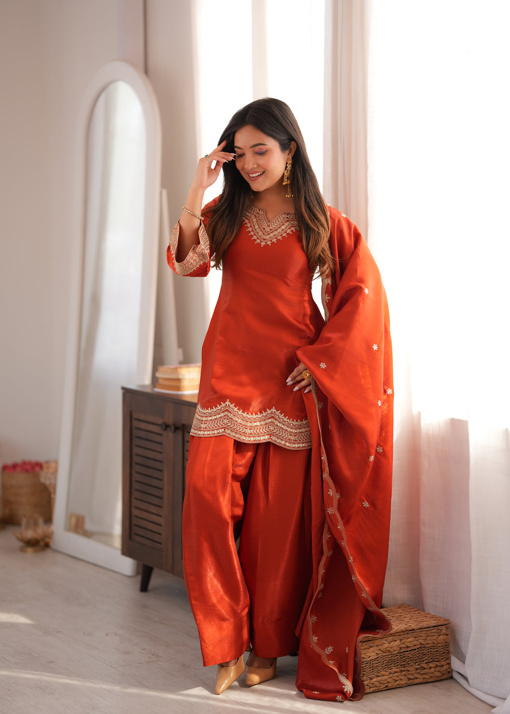 Glass Roman Silk Front-Yoke Embroidered Farshi Shalwar Suit with Shawl Dupatta