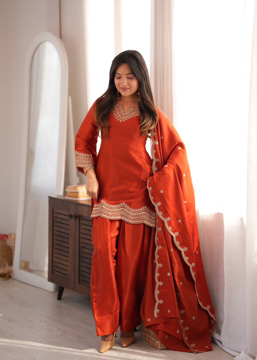 Glass Roman Silk Front-Yoke Embroidered Farshi Shalwar Suit with Shawl Dupatta