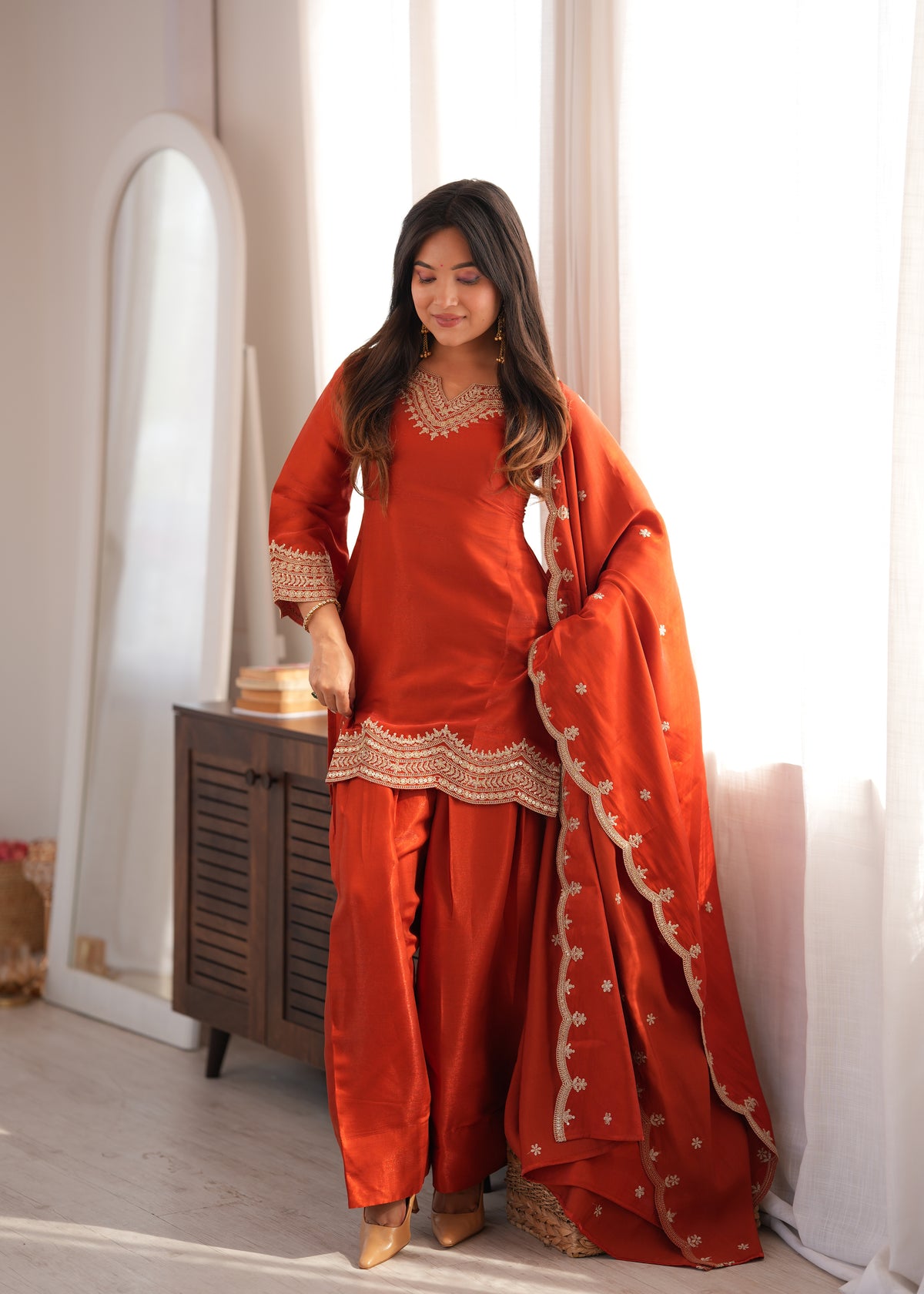 Glass Roman Silk Front-Yoke Embroidered Farshi Shalwar Suit with Shawl Dupatta