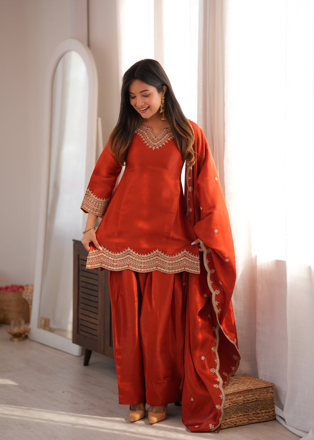 Glass Roman Silk Front-Yoke Embroidered Farshi Shalwar Suit with Shawl Dupatta