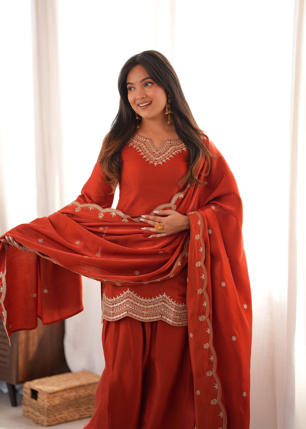 Glass Roman Silk Front-Yoke Embroidered Farshi Shalwar Suit with Shawl Dupatta