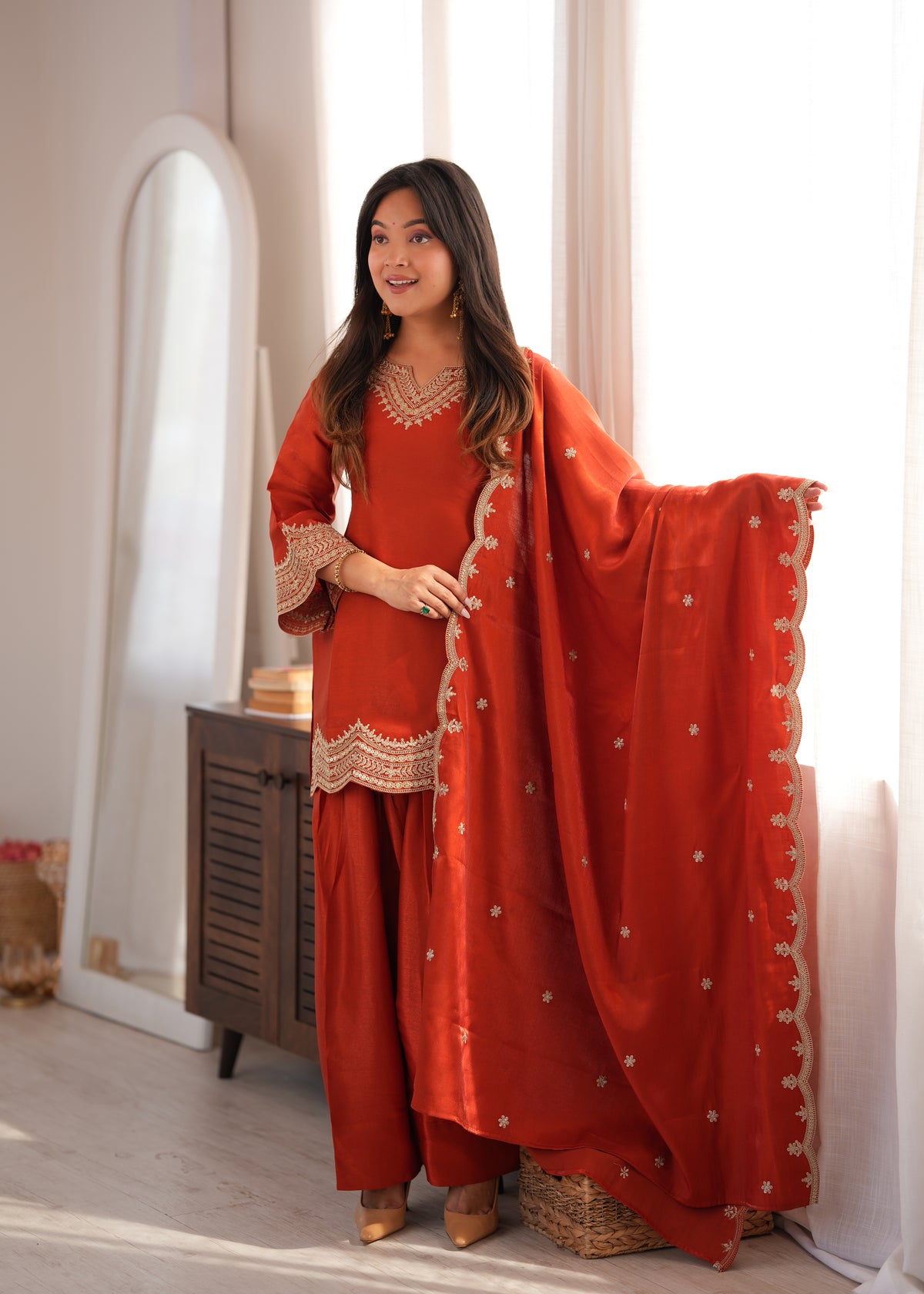 Glass Roman Silk Front-Yoke Embroidered Farshi Shalwar Suit with Shawl Dupatta