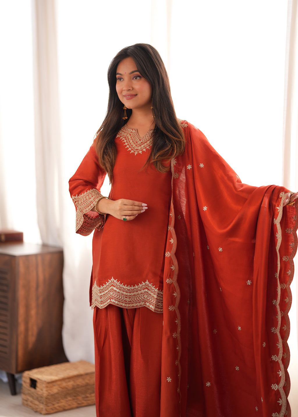 Glass Roman Silk Front-Yoke Embroidered Farshi Shalwar Suit with Shawl Dupatta