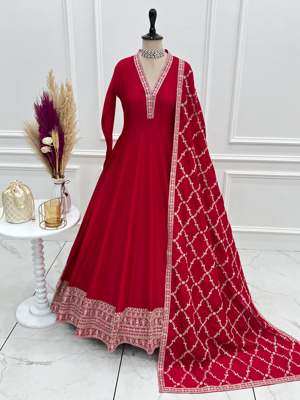 Premium Rust Crunchy Silk Anarkali Gown with Jari, Sequin & Beadwork Dupatta