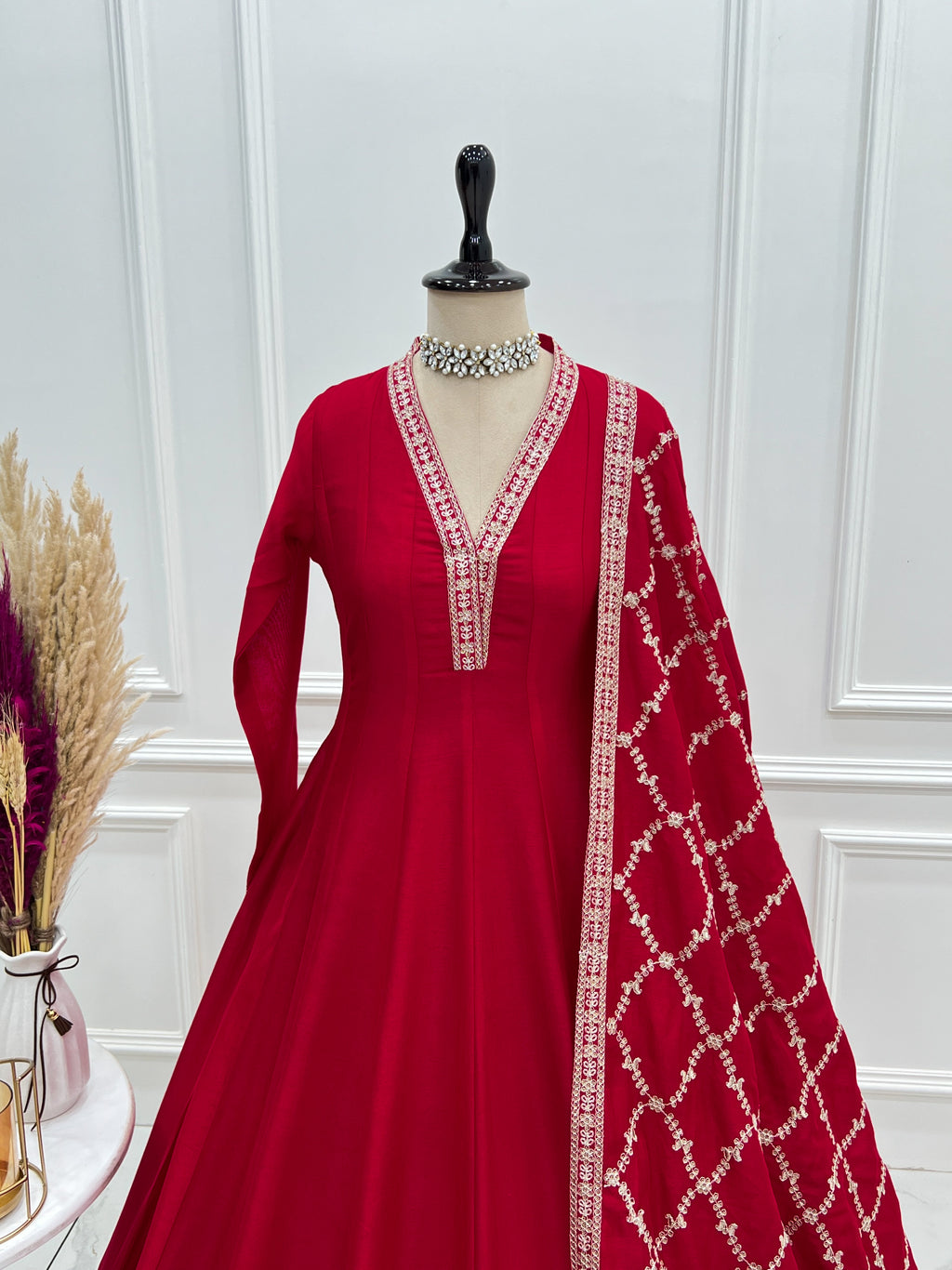 Premium Rust Crunchy Silk Anarkali Gown with Jari, Sequin & Beadwork Dupatta