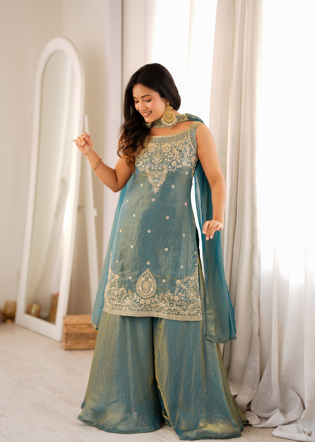 Soft Fendy Silk Embroidered Sharara Suit with Belt-Style Dupatta & Sequin Jari Work