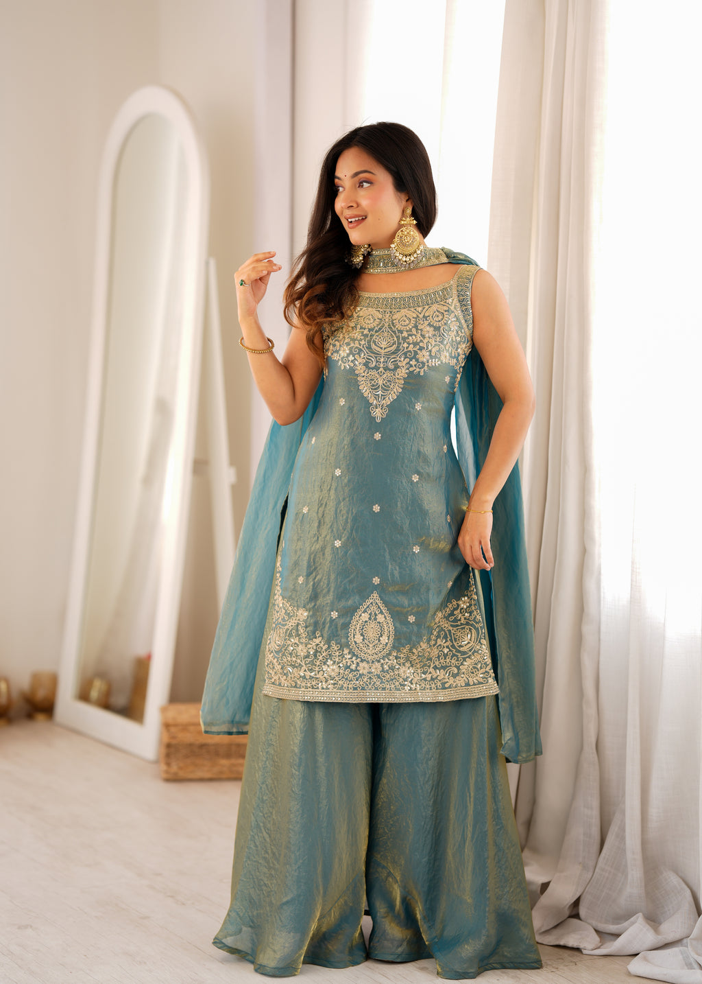 Soft Fendy Silk Embroidered Sharara Suit with Belt-Style Dupatta & Sequin Jari Work