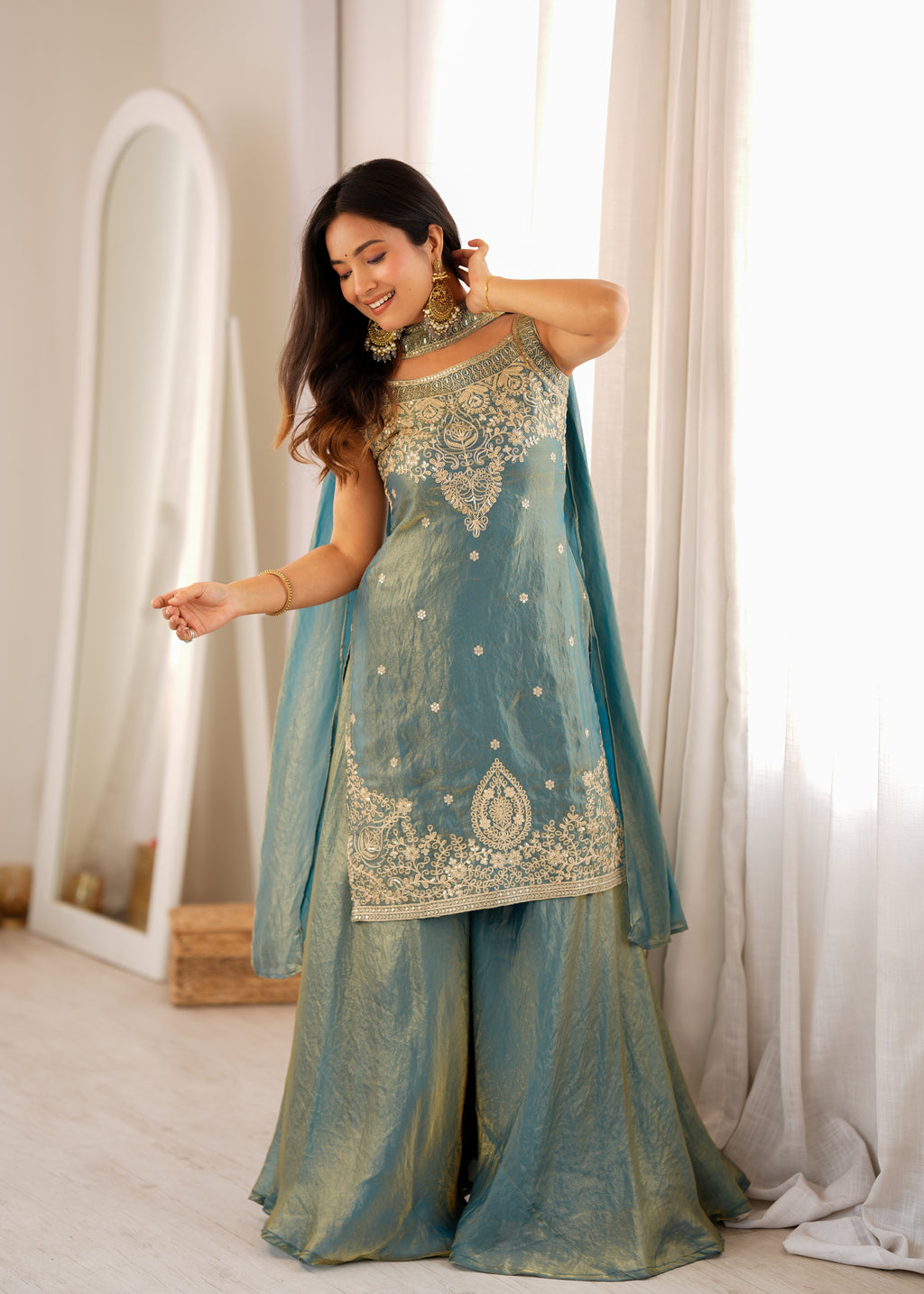 Soft Fendy Silk Embroidered Sharara Suit with Belt-Style Dupatta & Sequin Jari Work