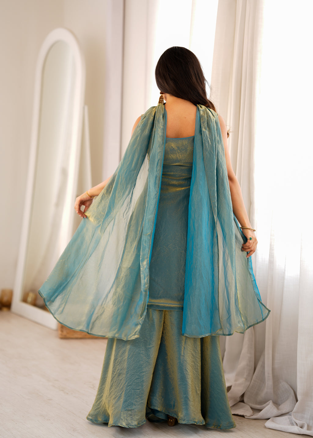 Soft Fendy Silk Embroidered Sharara Suit with Belt-Style Dupatta & Sequin Jari Work