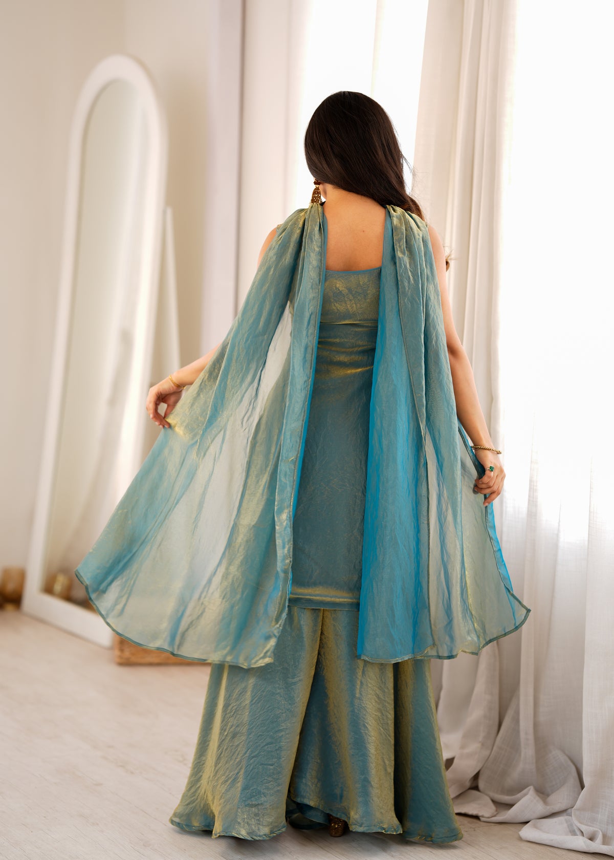 Soft Fendy Silk Embroidered Sharara Suit with Belt-Style Dupatta & Sequin Jari Work