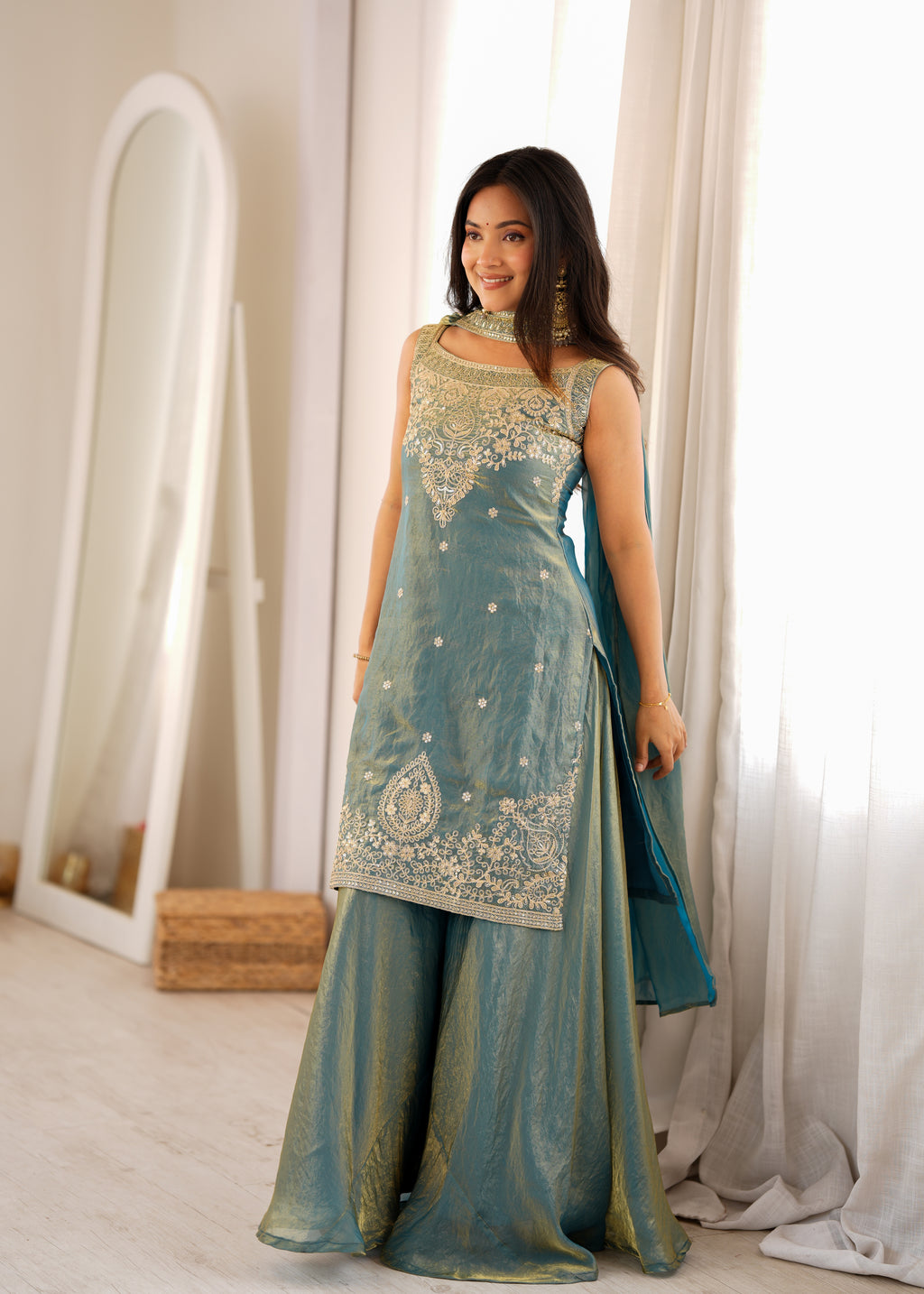Soft Fendy Silk Embroidered Sharara Suit with Belt-Style Dupatta & Sequin Jari Work