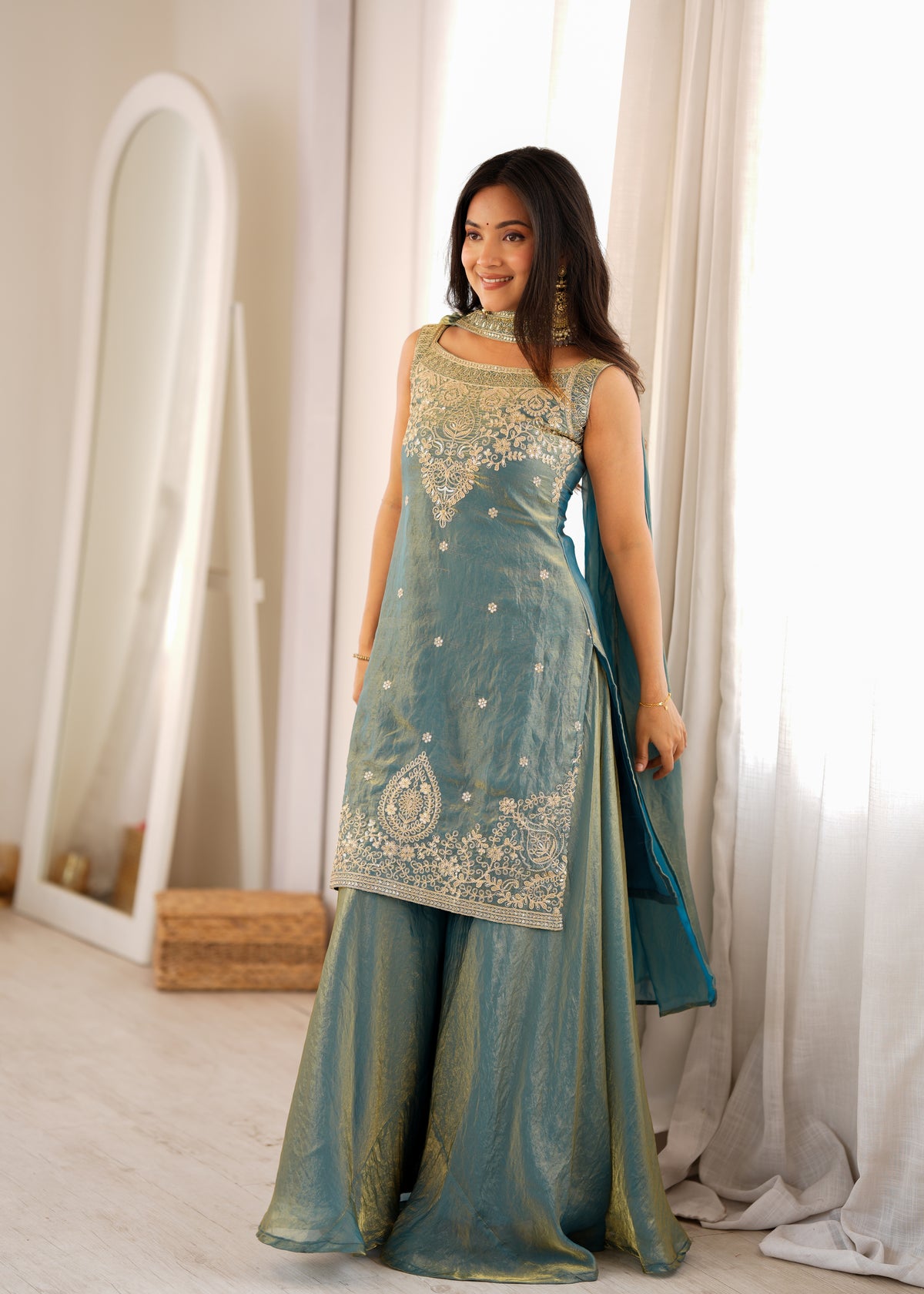 Soft Fendy Silk Embroidered Sharara Suit with Belt-Style Dupatta & Sequin Jari Work