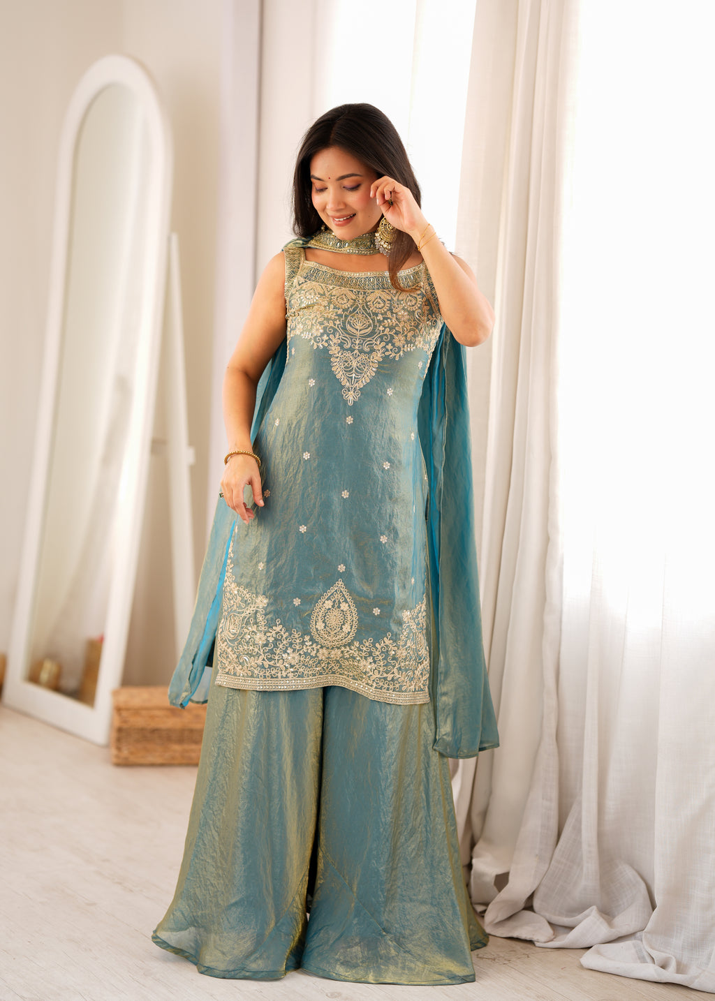 Soft Fendy Silk Embroidered Sharara Suit with Belt-Style Dupatta & Sequin Jari Work