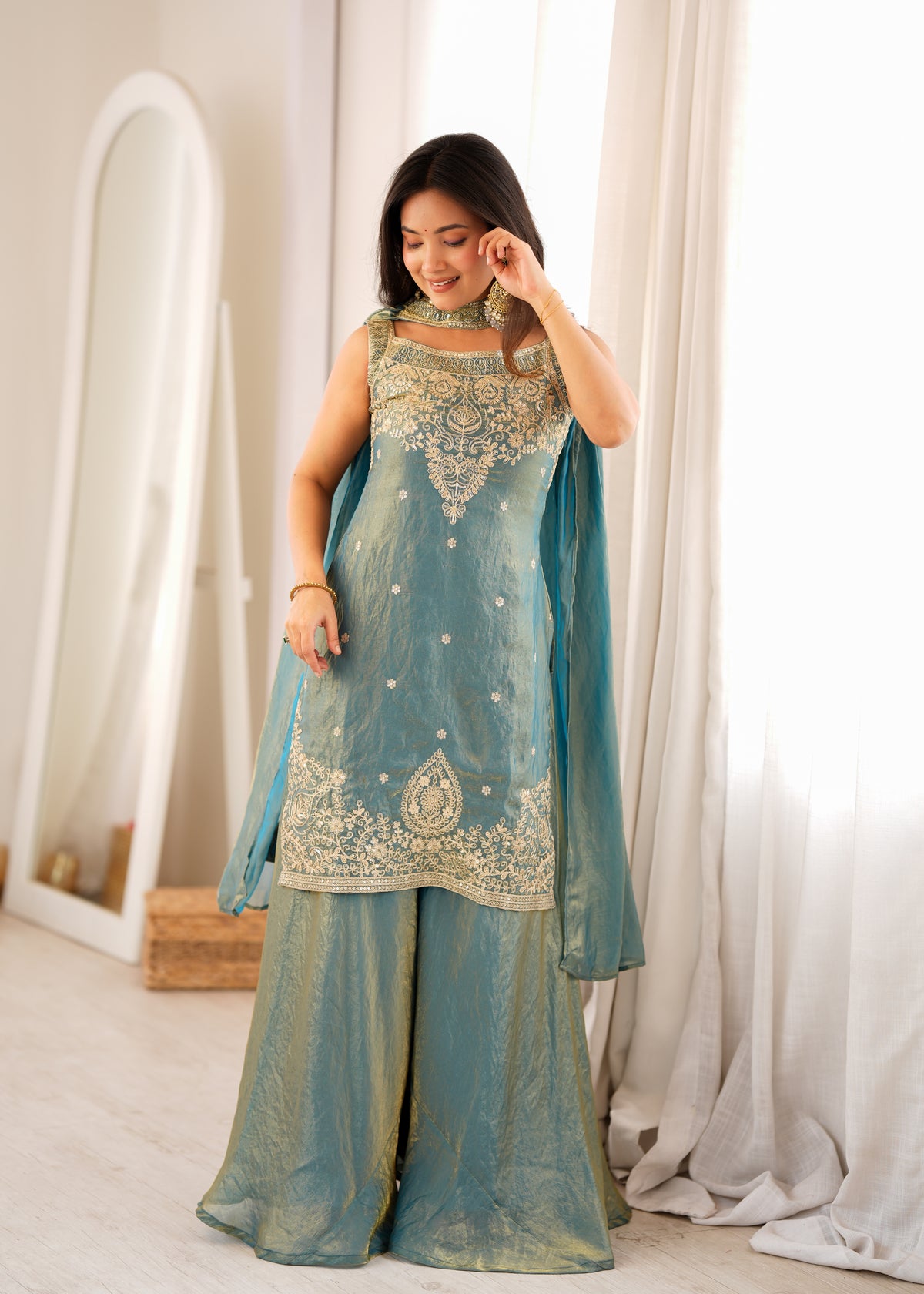 Soft Fendy Silk Embroidered Sharara Suit with Belt-Style Dupatta & Sequin Jari Work