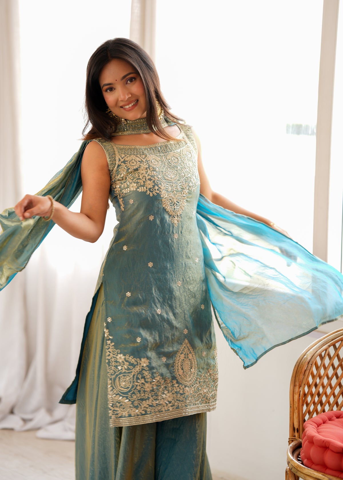 Soft Fendy Silk Embroidered Sharara Suit with Belt-Style Dupatta & Sequin Jari Work